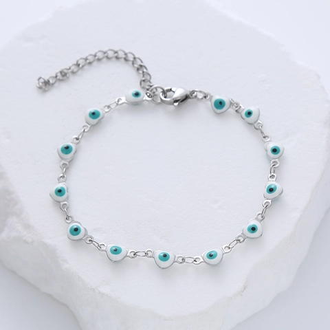 Bracelet Oeil De Turquie En Forme De Coeur Acier Inoxydable Émail Chaîne Réglable Bijoux Mode Pour Femmes
