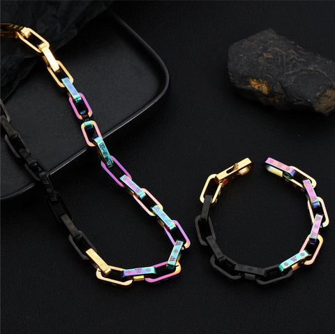 Pulsera Y Collar De Acero Inoxidable Hip Hop Arcoíris Negro Oro Cadena De Eslabones Cuadrados Geométricos Joyería