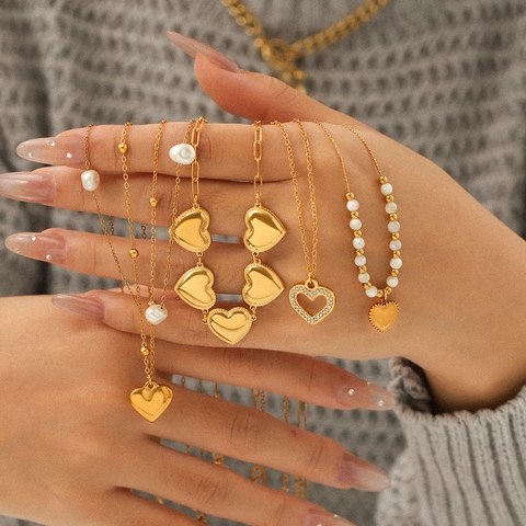 Herz Anhänger Halskette Edelstahl Vergoldet Mehrlagig Muschel Künstliche Perle Zirkon Schmuck Für Damen Tägliches Mode Geschenk