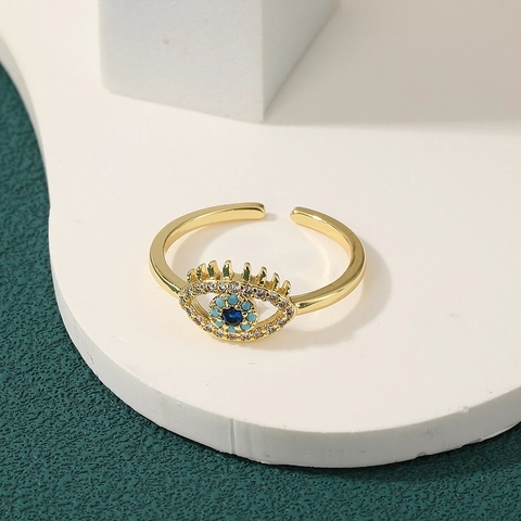 Women Fashion Adjustable Open Rings Copper Gold Plated Zircon Inlaid Geometric Evil Eye Butterfly Rainbow Vintage Jewelry