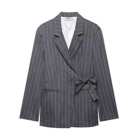 Ensemble Blazer Et Pantalon À Rayures Pour Femmes Veste À Manches Longues En Polyester Taille Haute Pantalon Large Bureau