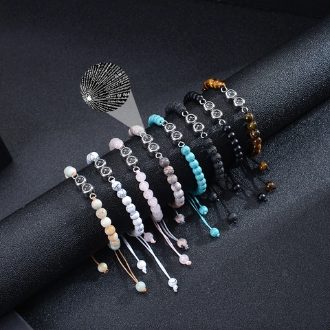 Natural Gemstone Beaded Bracelet With I Love You Projection Alloy Stone Adjustable Hand Woven Cord Couples Jewelry
