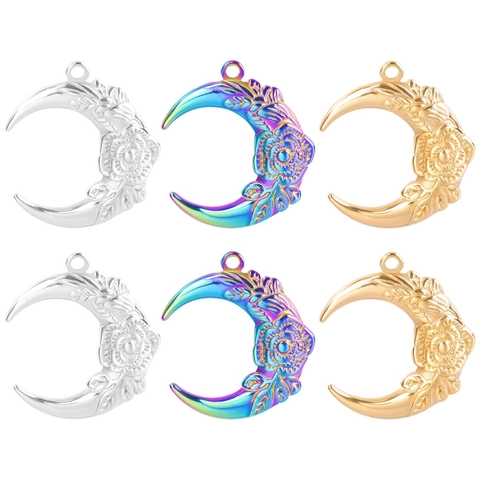 Collana con Pendente a Mezzaluna con Rosa in Acciaio Inossidabile per Donna Gioielli alla Moda Toni Arcobaleno Oro Argento Regali