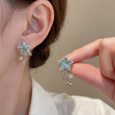 Star Meteor Dangle Earrings With Blue Zircon And Silver Earring Post Elegant Chic Fashion Jewelry For Women Silver Tone