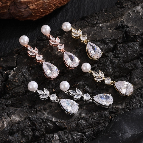 Rakol Luxus Blatt Zirkonia Wassertropfen Ohrringe Für Damen Künstliche Perle Kupfer Hängeohrringe Hochzeit Schmuck Geschenk