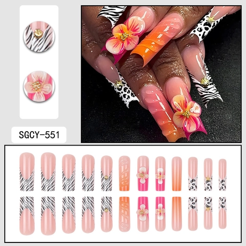 Unghie Finte Coffin Extra Lunghe Fiore 3D Stampa Leopardata Zebra Plastica ABS Artificiali Per Donne