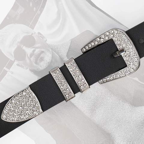 Dames Vintage Western PU Leren Riem Met Strass Steentjes Legering Gesp Y2K Mode Accessoires Zwart