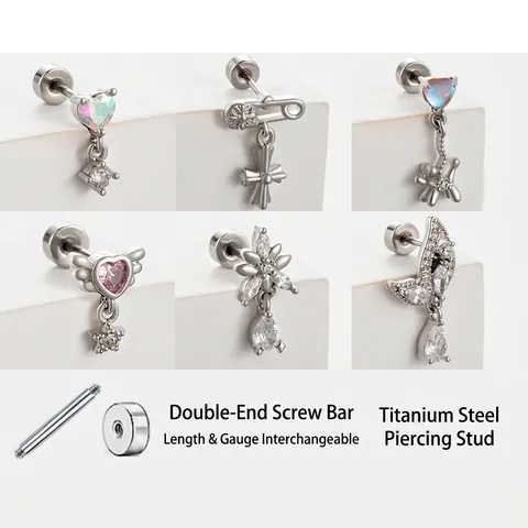 Titanium Steel Copper Cartilage Earring Stud Screw Back Heart Cross Zircon Wing Piercing Jewelry Gothic Punk Style Women