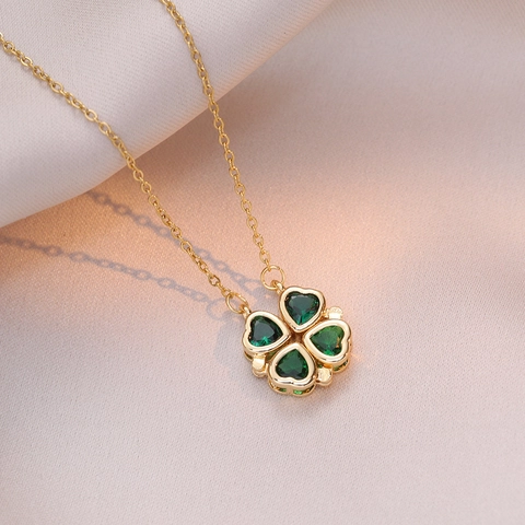 Heart Four Leaf Clover Foldable Magnetic Necklace Titanium Steel Colorful Zirconia Lucky Pendant Jewelry Gift For Women