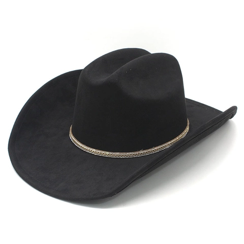 Cappello Da Cowboy Western Classico Camoscio Tesa Larga Con Catena Oro Strass Decorativa Stile Retro