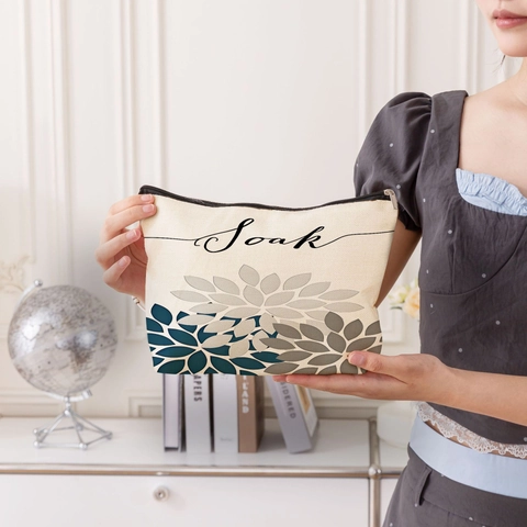 Borsa Da Trucco In Lino Floreale Pochette Da Toilette Con Cerniera Stampa Botanica Custodia Da Viaggio Per Donna