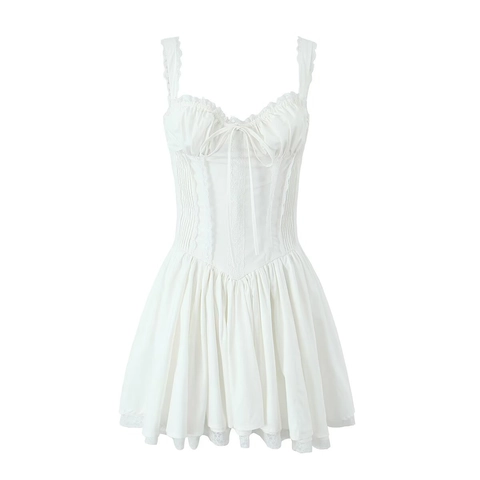 Mini Dress Cotton Lace Trim Camisole Pleated Corset Waist Bow Balletcore Gothic Lolita Style For Women