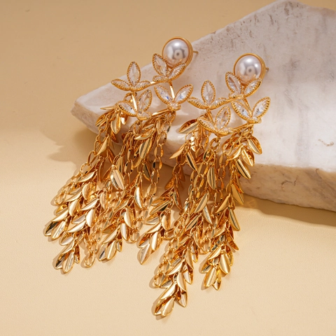 Vintage Floral Leaf Tassel Σκουλαρίκια Με Τεχνητό Μαργαριτάρι Κρύσταλλο Και 925 Sterling Silver Earring Post Κομψό Στυλ Παλατιού Γυναίκες