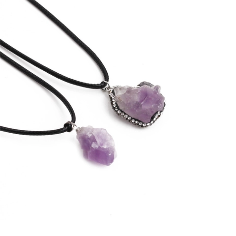 Natur Amethyst Rohstein Anhänger Halskette Legierung Straßrand Schwarzes Wachsseil Ethno Retro Schmuck Geschenk