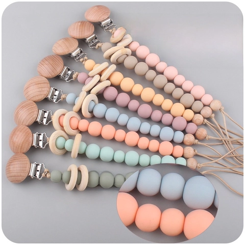 Silicone Beads Pacifier Clip Chain Natural Beech Wood Teether Rings Soother Holder Strap For Infant Toddler
