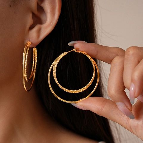 Geometric Round Layered Hoop Earrings With 925 Sterling Silver Earring Post 18K Gold Plated Minimalist For Women
