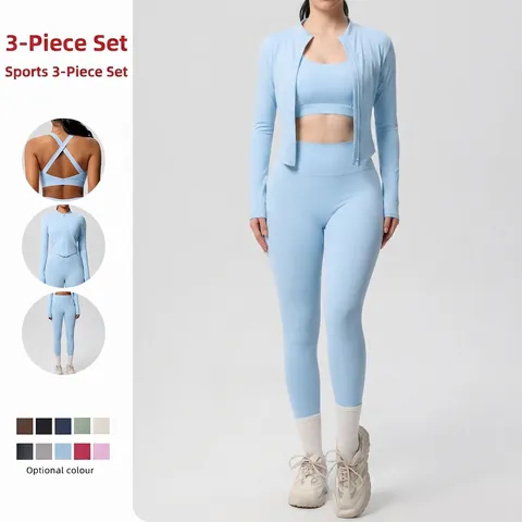 Women Yoga Fitness Outfit Nylon Spandex Stand Collar Zipper Jacket Sports Bra High Waist Leggings Breathable Double Brushed Professional Gym Sportswear