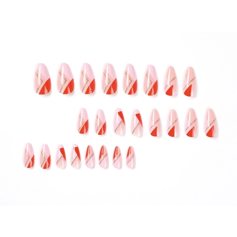 Press On Nails Geometric Pink Red Color Block Gold Glitter Line Long Almond Stiletto Shape False Nails For Women