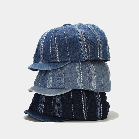 Vintage Gestreifte Baumwolle Denim Schirmmütze Gewaschen Retro Flache Ivy Hut Für Herren Damen Verstellbar Sonnenschutz