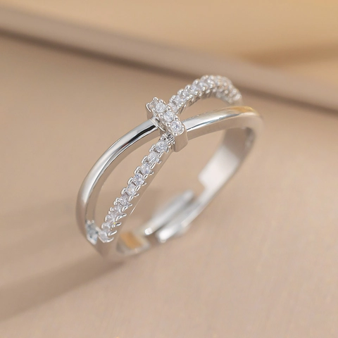 Cross Knot Micro Pave Zircon Ring Double Layer Adjustable Open Copper Jewelry For Women Elegant