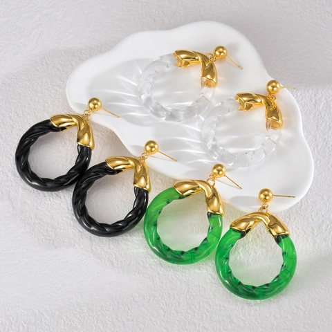 Boucles d'Oreilles Créoles en Acier Inoxydable et Acrylique Torsadé pour Femme Bijoux Géométriques Ronds Plaqué Or