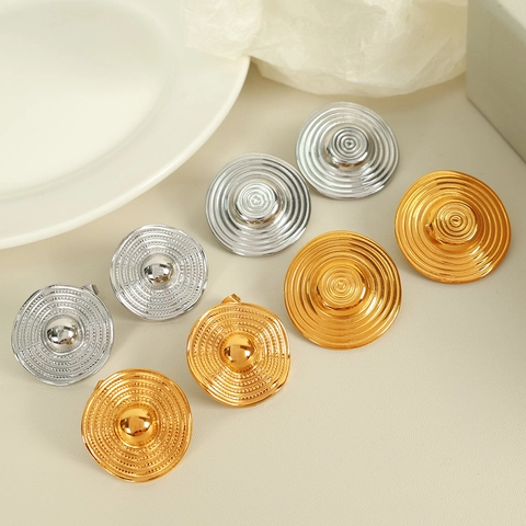 Stainless Steel Round Concentric Circle Texture Geometric Stud Earrings Retro French Minimalist Jewelry For Women