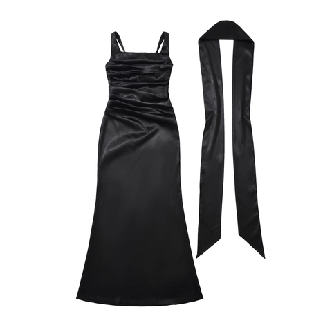 Damen Satin Raffkleid Und Passender Schal Elegantes Rückenfreies Plissiertes Lang Abendparty Maxi Abendkleid