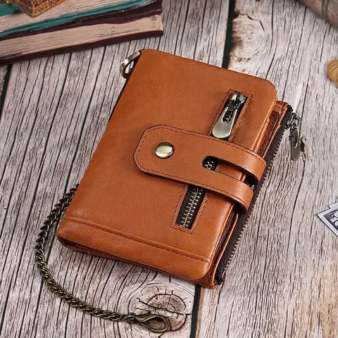 Vintage Genuine Leather Wallet RFID Blocking Anti Theft Metal Chain Card Holder Multiple Zipper Cowhide Purse