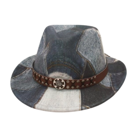 Kinder Fedora Hoed Denim Patchwork Western Cowboy Jazz Pet Met Klinknagels Leren Band Retro Outdoor Zonbescherming Accessoire