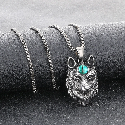 Wolf Head Pendant Necklace Stainless Steel Cat Eye Stone Vintage Distressed Punk Gothic Totem Men Jewelry