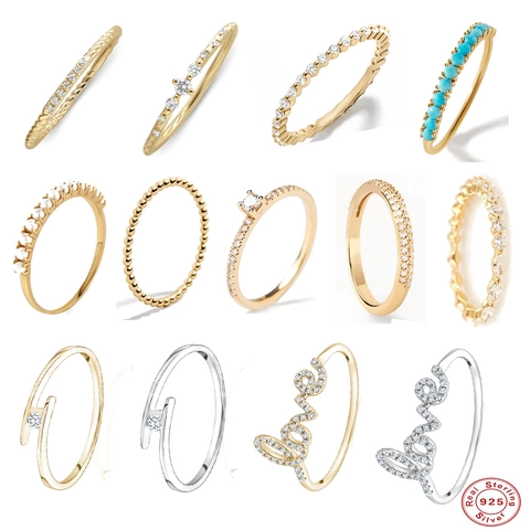 Geometric Rings 925 Sterling Silver Zircon Artificial Pearl Turquoise Love Letter Minimalist Stackable Jewelry Women