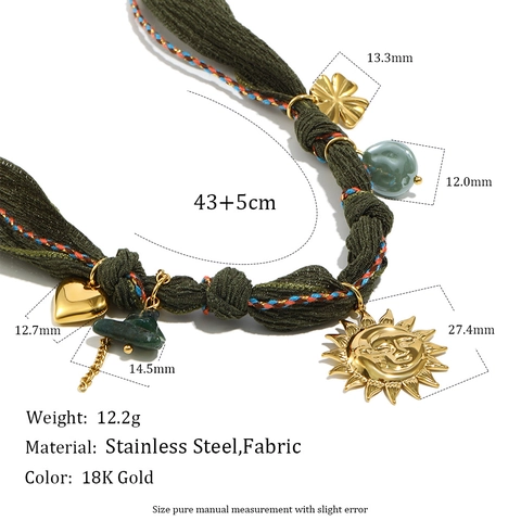 Collana Sciarpa In Tessuto Chiffon Retrò Con Ciondoli Cuore Sole Luna In Acciaio Inossidabile Placcato Oro 18K