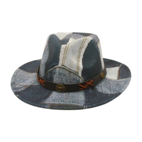 Cappello Fedora Western Cowboy Vintage Patchwork Denim Cotone Con Fascia In Pelle E Decorazione Testa Di Toro In Metallo