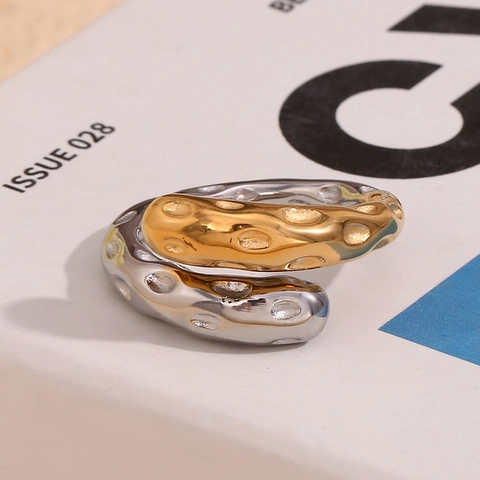 Vintage Two-Tone Snake Open Ring 18K Gold Plated Stainless Steel Irregular Hammered Texture Adjustable Jewelry For Women