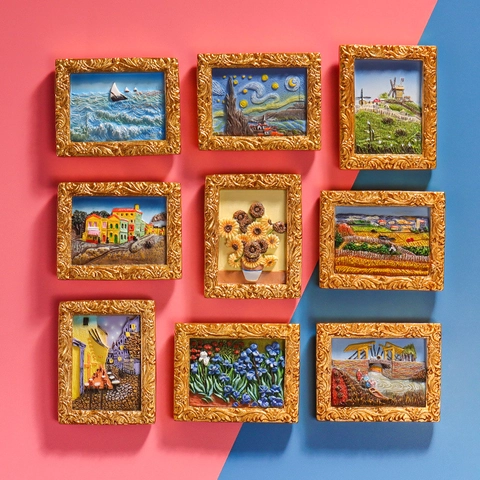 Van Gogh World Famous Painting Refrigerator Magnet 3D Resin Relief Gold Frame Magnetic Home Kitchen Art Decor