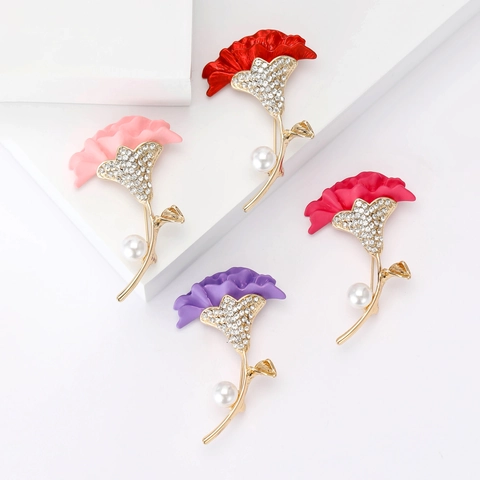 Elegante Spilla A Fiore Di Garofano Lega Smalto Cristallo Perla Artificial Spilla Pianta Per Donna Gioielli Moda Regalo