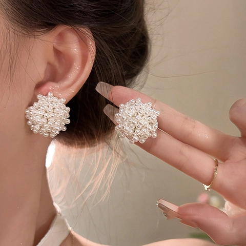 Orecchini A Lobo Con Grappolo Di Künstliche Perle Sintetiche E Perno In Argento Retro Francese Fiore Sfera Vintage Elegante Gioielli Donna