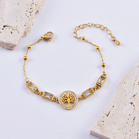 Pulsera Árbol De La Vida Ojo Turco Acero Inoxidable Bañado Oro Circonita Verde Joyería Lujo Ajustable Mujeres