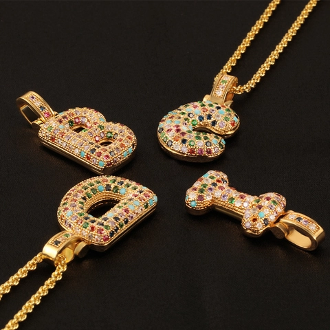 Initial Letter Pendant Necklace Copper Gold Plated Colorful Zircon Alphabet Hip Hop Jewelry Women Men