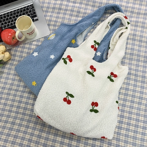 Damen Plüsch Tote Bag Große Kapazität Bestickt Lammwolle Umhängetasche Cartoon Kirsche Planeten Muster Winter Handtasche