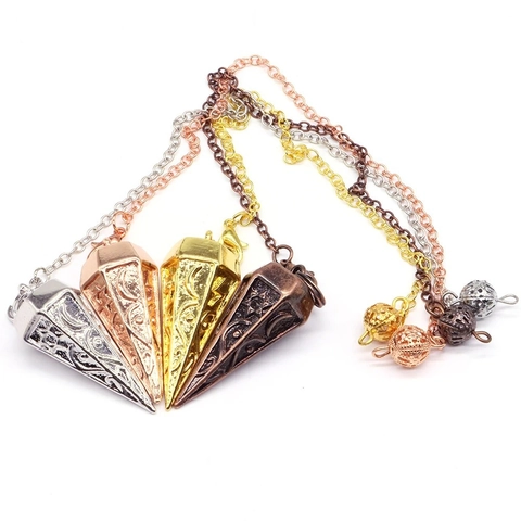 Hexagonal Cone Pendulum Necklace Engraved Metal Copper Pendant For Divination Radiesthesia Meditation Vintage Mystical Jewelry