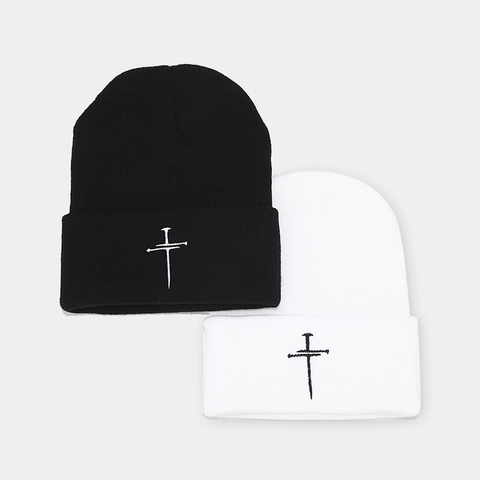 Cross Embroidery Knitted Beanie Hat Acrylic Ribbed Warm Winter Streetwear Punk Style For Men Women
