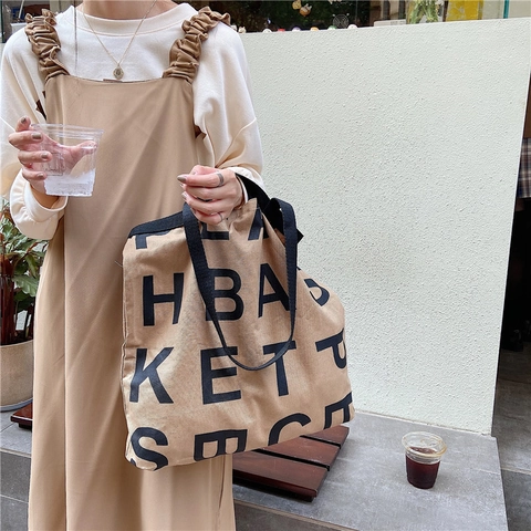 Canvas Tote Bag Große Kapazität Buchstaben Druck Lässige Schulter Handtasche Mit Innentasche Für Frauen
