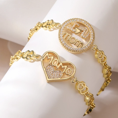 Chic Mom Mama Heart Bracelet Copper 18K Gold Plated Cubic Zirconia Link Chain Jewelry For Women Mothers Day Gift Luxury
