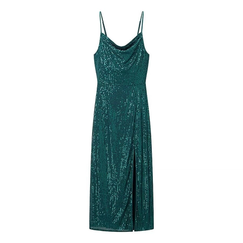 Vestito Elegante Con Paillettes Spalline Sottili Scollo A Cappuccio Spacco Festa Sera Verde Pavone Donna