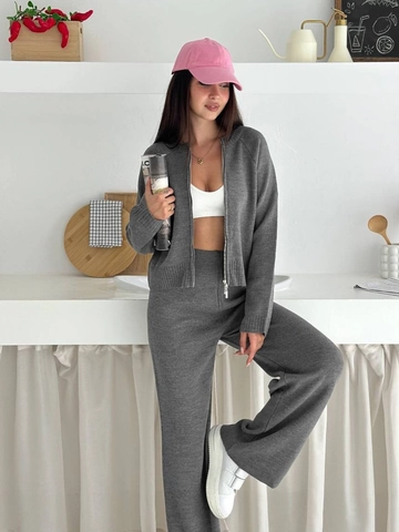 Women Knitted Zipper Long Sleeve Top And High Waist Wide Leg Straight Pants Cotton Blend Solid Color Casual Elegant