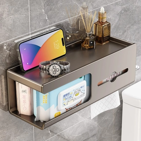 Wall Mounted Tissue Box Carbon Steel Multi Functional Bathroom Storage Rack No Drilling Waterproof Minimalist Modern
