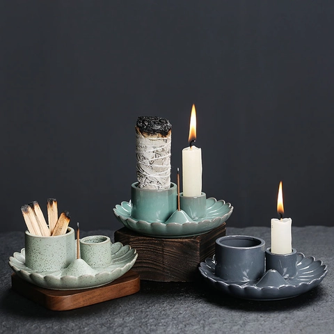 Ceramic Palo Santo Holder Sage Tray Incense Burner Candle Holder Petal Shape Spotted Glaze Zen Home Decor Scent Accessories