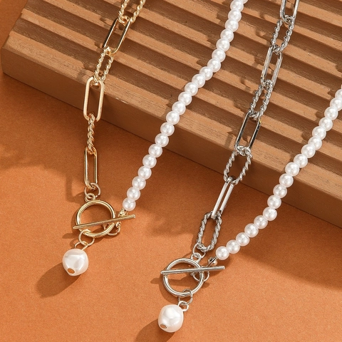 Vintage Multi Layer Alloy Artificial Pearl Necklace For Women Gold Silver Plated Beaded Chain OT Toggle Pendant Fashion Jewelry