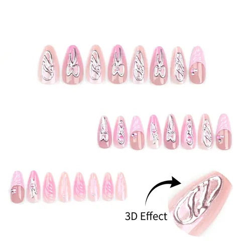 Unghie Finte 3D Bowknot Silver Chrome Pink Gradient French Style Rhinestone Artificial Pearl Y2K Liquid Metal Per Donna